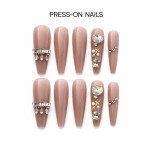 Nude Long Tapered Press‑On Nails, Luxury Rhinestone Pearl Cross Reusable Fake Nails